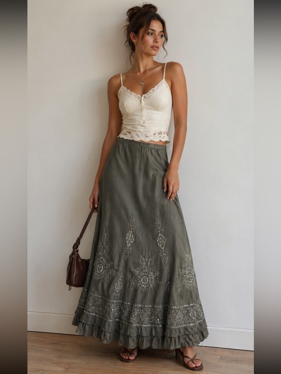 Coldwater Creek Dresses & Skirts - Coldwater Creek embroidered Metallic Maxi skirt Boho Peasant Cottagecore Fairy